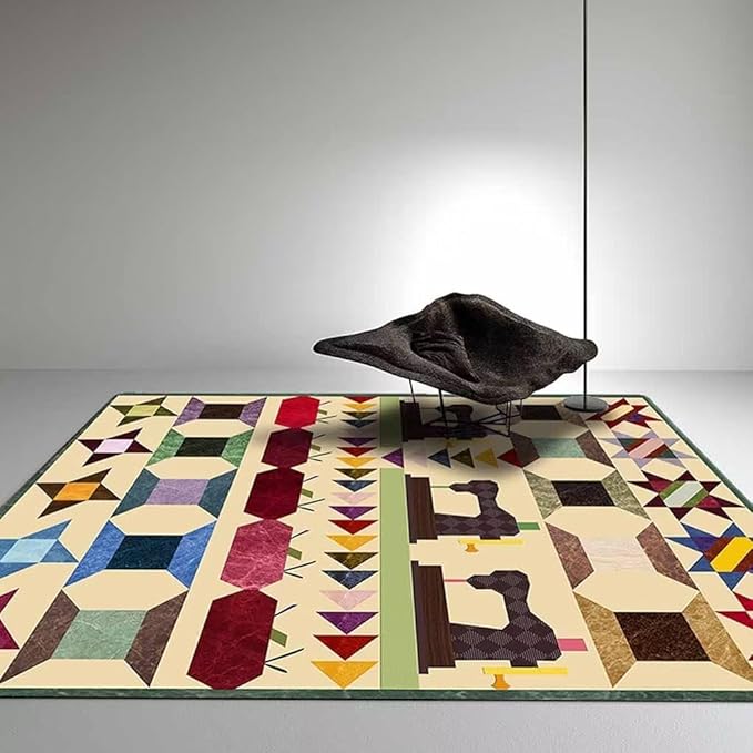 Retro Sewing Machine Themed Area Rug for Hallway Non-Slip Multicolor Geometric Elements Patchwork Rugs Couch Decor Fun Fashion Sewing Equipment Accessories Carpet Mats 2'x3'