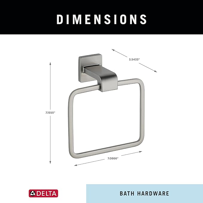 Delta Ara (1-Pack) Hand Towel Holder Brilliance Stainless Steel Towel Racks for Bathroom Wall Square Towel Ring Holder for Bath Towel Hanger for Kitchen, Bathroom Accessories 77546-SS