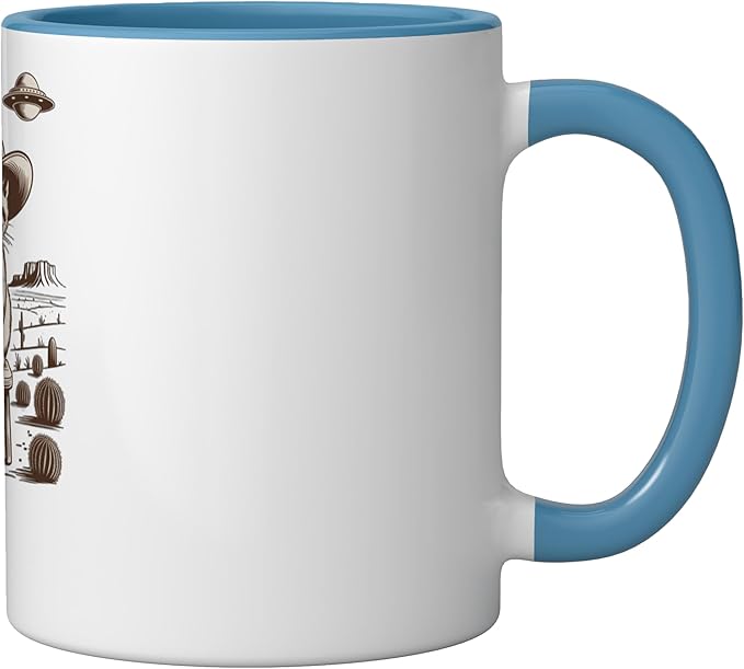 Retro Cowboy Cat UFO Desert Western Feline Art Ceramic Mug, Blue/White