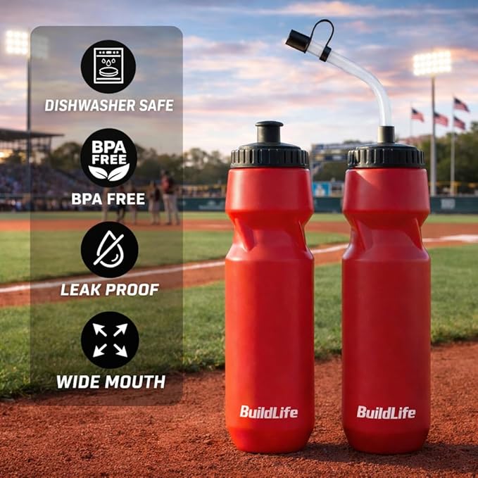 BuildLife 2 Pack Sports Water Bottle - Hockey Water Bottle with Long Straw and 2 lids (Straw and Squeeze) for Helmet Sports Hockey, Lacrosse, Football, Boxing, BPA Free,Dishwash Safe (Red)