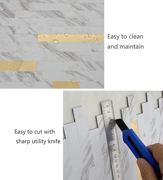 WEIMEISC 10 Sheets Peel and Stick Backsplash Tile for Kitchen, Self-Adhesive Mosaic Tile, Stick on Bathroom Vanities, Fireplace Decor, Laundry Table, White Marble + Gold-3, Metal Aluminum PVC Material