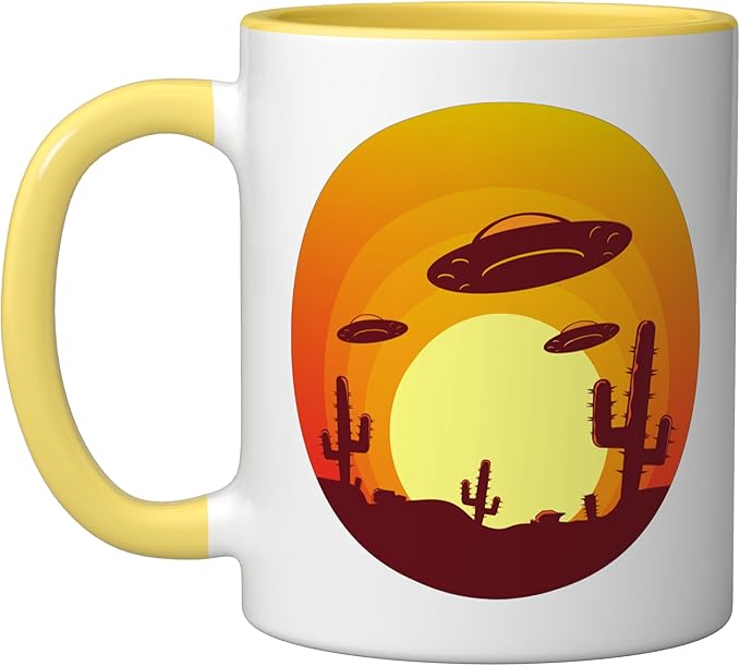 UFO Alien Abduction Conspiracy Vintage Nevada Desert Sunset Ceramic Mug, Yellow/White