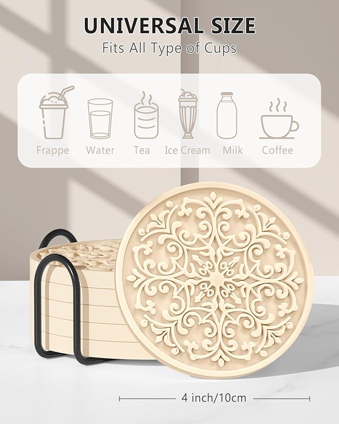 Drink Coasters, Coasters Set of 6 for Cup with Holder, Non-Slip Silicone Cup Mats for Hot and Cold Drinks, Cute Absorbent Coffee Bar Accessories Table Decor, Apricot