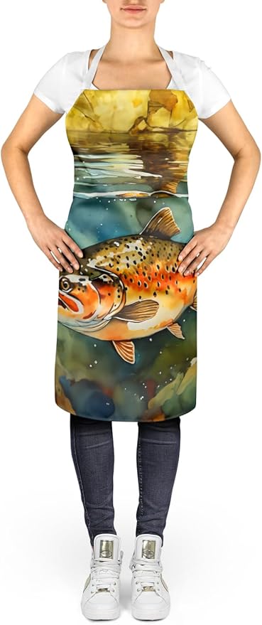 Caroline's Treasures Brown Trout Apron Cooking Kitchen Server Baking Crafts Gardening for Adult Women Men, Unisex, Large, Multicolor