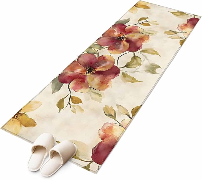 Runner Rug for Bedroom Hallway, Oil Painting Style Flowers Kitchen Runner Rugs Area Rug 2x6ft, Vintage Country Floral Washable Soft Floor Carpet for Entryway Stair