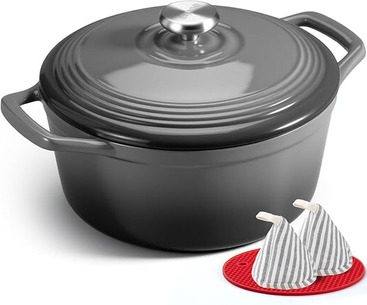 Overmont Enameled Cast Iron Dutch Oven - 5.5QT Pot with Wide Handles Lid Cookbook & Cotton Potholders - Heavy-Duty Pre-Seasoned Cookware Oven Safe to 500°F for Braising, Stews, Roasting, Sourdough Baking Grey