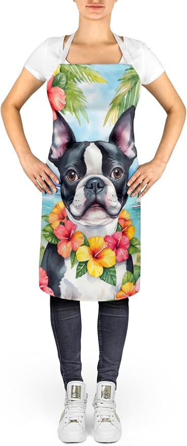 Caroline's Treasures Boston Terrier Luau Apron Cooking Kitchen Server Baking Crafts Gardening for Adult Women Men, Unisex, Large, Multicolor