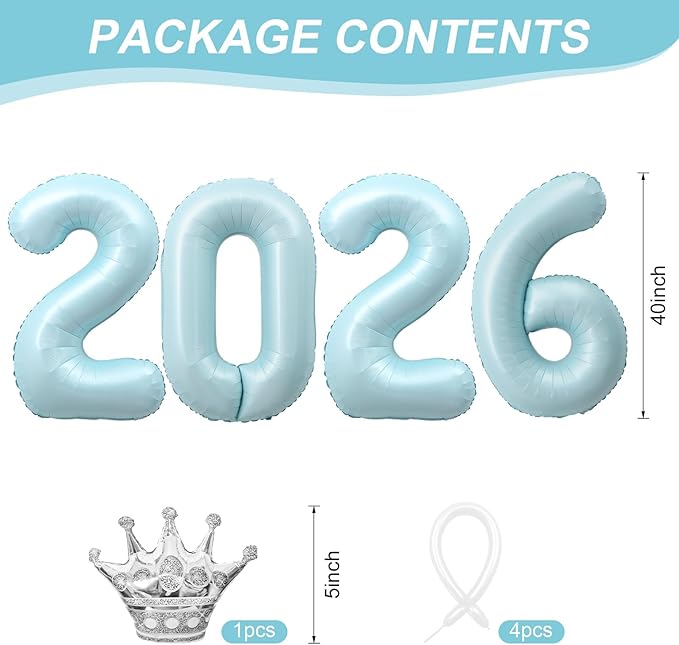 2026 Balloons Blue,40 Inch 2026 Number Balloons with Foil Crown Balloons for Happy New Year Decorations New Years Eve 2026 Graduation Decorations Class of 2026 Party Supplies
