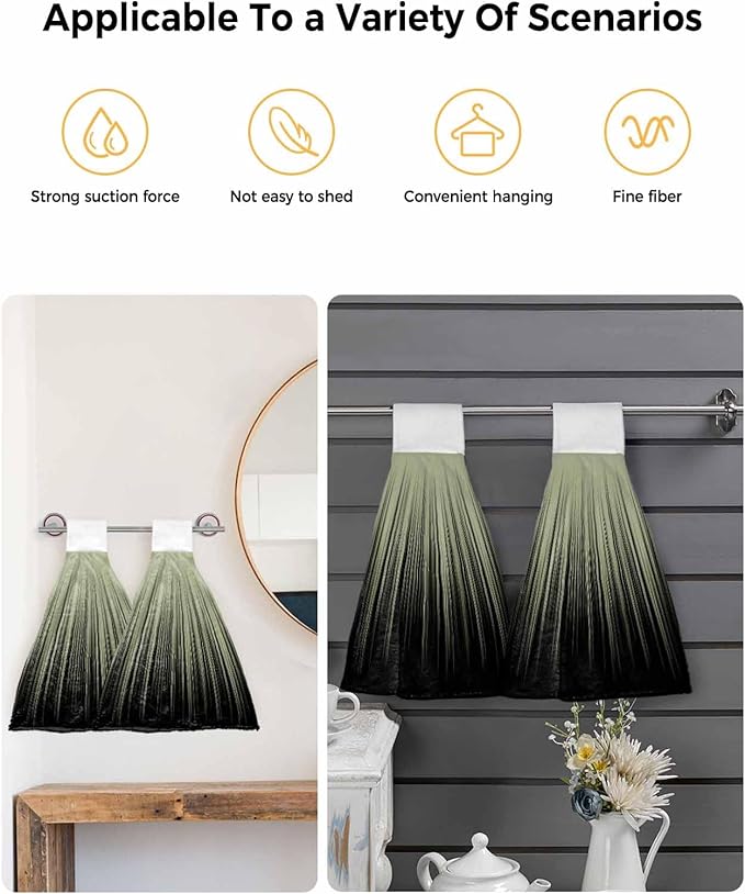 Alandar Home Kitchen Tie Towel Set of 1, Sage Green Black Striped Art Absorbent Soft Hand Towels for Bathroom Hanging Towels, Abstract Line Gradient Fast Drying Cleaning Cloth with Loop