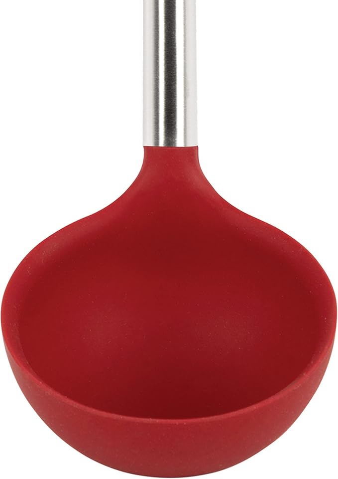 Tovolo Silicone Cooking Utensil Set of 6 Stainless Steel Handle Ladle Slotted Turner Tongs Flex Core Spatula Scraper Mixing Spoon & Potato Masher, Dishwasher Safe BPA Free Utensils, Cayenne Red