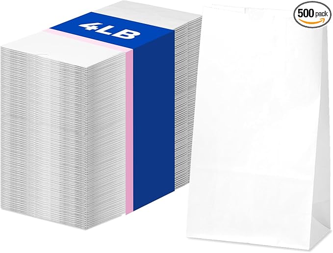 Fit Meal Prep 500 Pack 4 lb White Paper Lunch Bags, 9.75 x 5 x 3.13" Premium White Paper Bags Bulk for Small Business, Recyclable Snack Sacks, Durable Grocery Bag for Food Storage, Packing