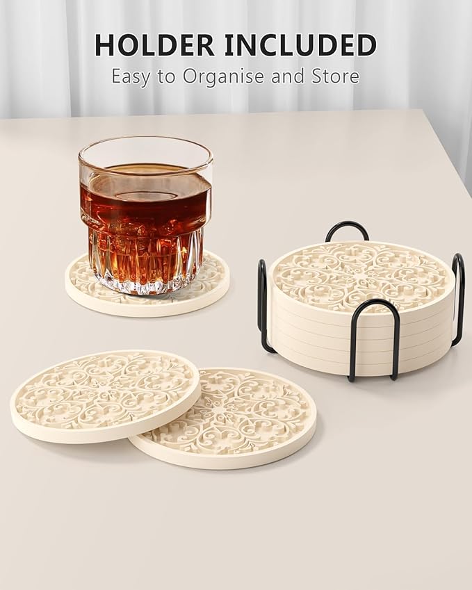 Drink Coasters, Coasters Set of 6 for Cup with Holder, Non-Slip Silicone Cup Mats for Hot and Cold Drinks, Cute Absorbent Coffee Bar Accessories Table Decor, Apricot