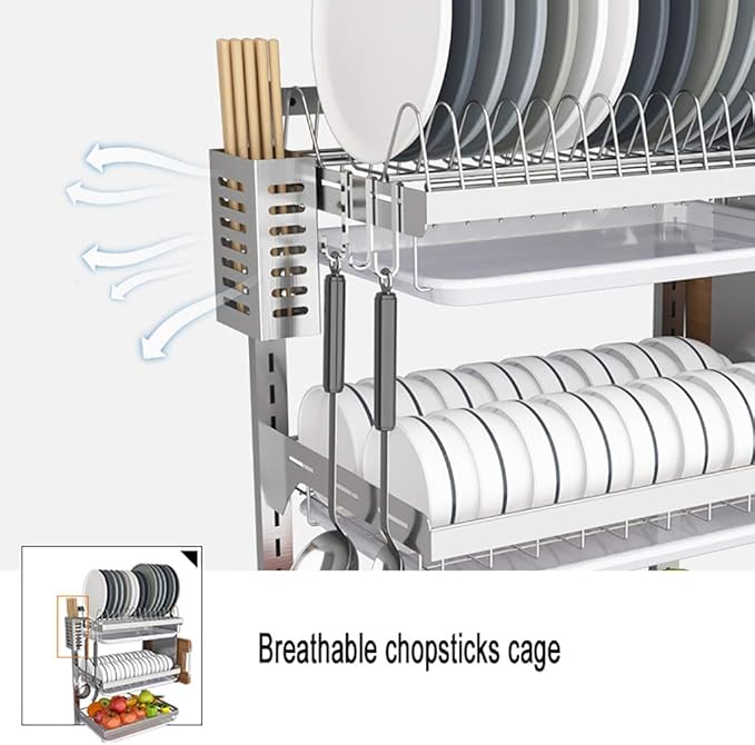 Stainless Steel Dish Rack with Drain Pan - Wall-Mounted 2/3 Layers for Efficient Kitchen Drying and Space-Saving，3 Layers High21.9in