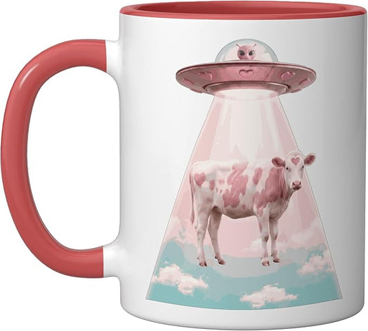 Funy Pink Heart Cow Alien Abduction UFO Space Nerd Ceramic Mug, Red/White