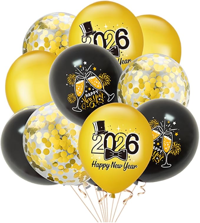 2026 New Year Party Decorations Set, Gold and Black Balloons, Banners, Cupcake Toppers, Happy New Year Theme Pack