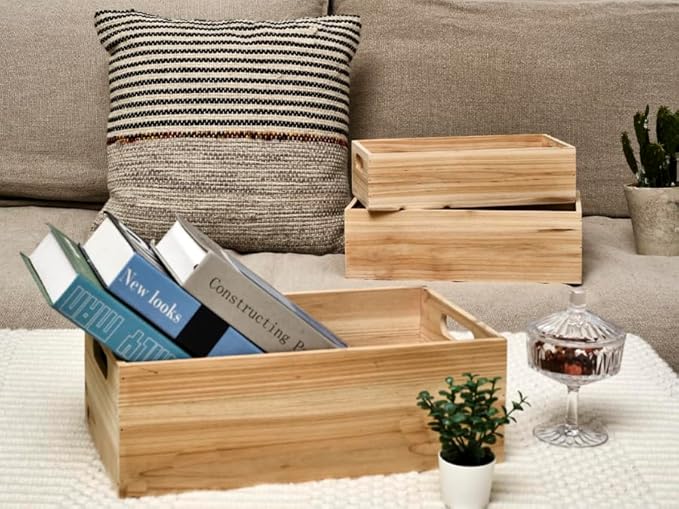 Set of 3 Wooden Boxes for Storage Small Crates for Display and Organizing, Farmhouse Style Storage Boxes for Crafts, Decor, Home Pantry and Living Room