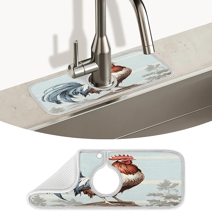 Animal Rooster Sink Mat for Kitchen Faucet Absorbent Microfiber Faucet Mat Washable Sink Water Splash Guard Drip Catcher for Faucet