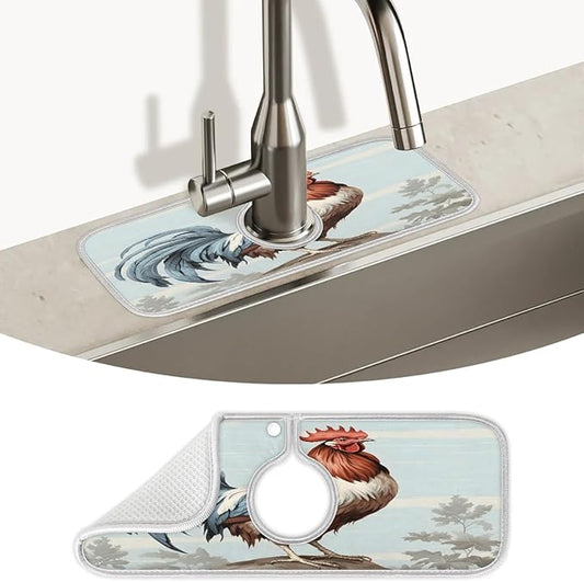 Animal Rooster Sink Mat for Kitchen Faucet Absorbent Microfiber Faucet Mat Washable Sink Water Splash Guard Drip Catcher for Faucet