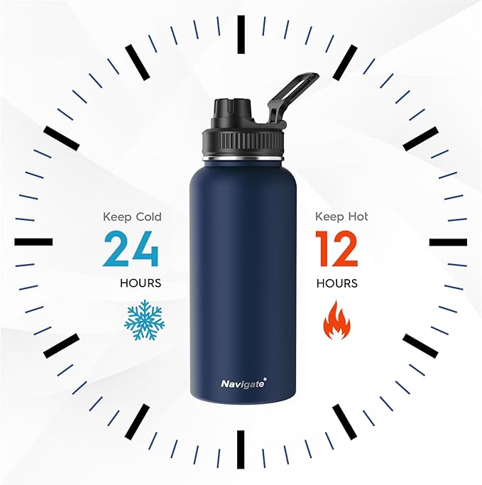 Navigate 32 oz Insulated Stainless Steel Sports Water Bottle with Spout & Handle Lids,Wide Mouth Water Jug with Double Walled Leak Proof Keep Cold for 24 Hrs Hot for 12 Hrs,Dark Blue