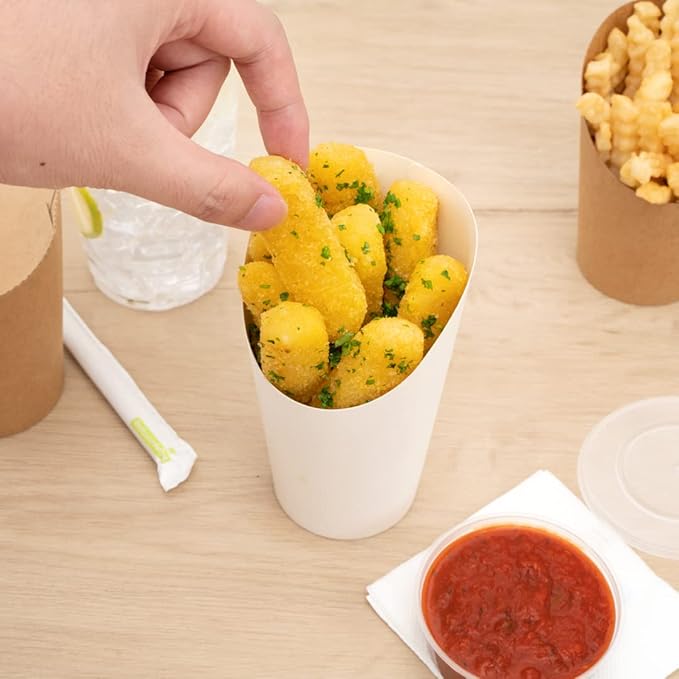 Restaurantware Bio Tek 16 Ounce French Fry Containers 100 Disposable Charcuterie Cups - Incline Design Round White Paper French Fry Cups Stackable For Waffles Chips or Popcorn
