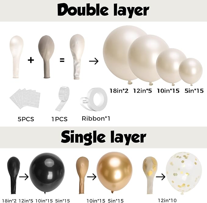 Black and Gold Balloon Arch Garland Kit 150pcs 2026 New Year's, Double Stuffed Pearl Sand White Black Chrome Gold Balloons Arch Kit for Graduation Father's Day Birthday Party Decoration