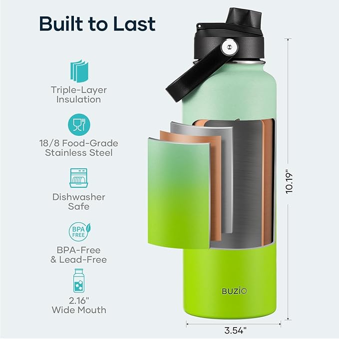 BUZIO 40oz Insulated Water Bottle, Triple Wall Stainless Steel Water Flask with 2 lids, Leakproof BPA-Free Straw Lid Sports Canteen for Sports Hiking, Cold 48H & Hot 24H- Gradient Green