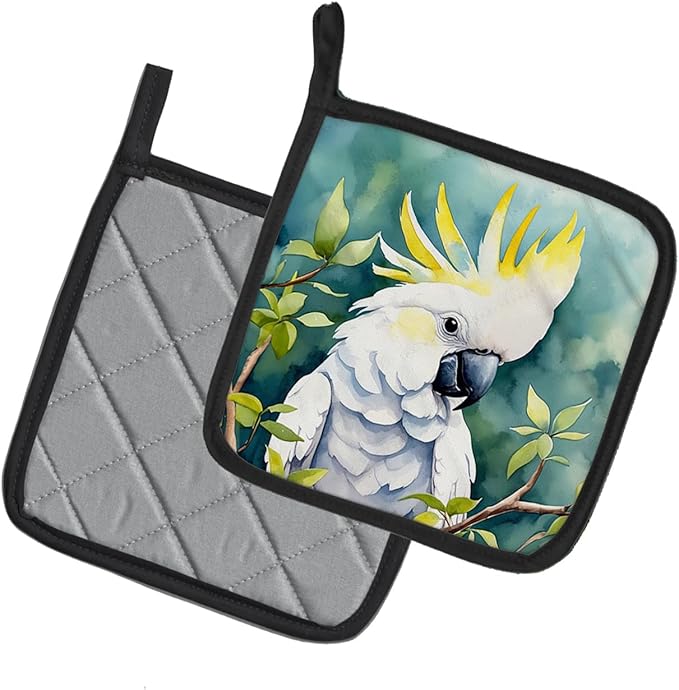 Caroline's Treasures Sulphurcrested Cockatoo Pair of Pot Holders Kitchen Heat Resistant Pot Holders Sets Oven Hot Pads for Cooking Baking BBQ, 7 1/2 x 7 1/2