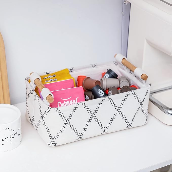 Decorative Collapsible Rectangular Fabric Storage Bin Organizer Basket with Wooden Handles for Clothes Storage,12.6x8.7x4.7 inch,White