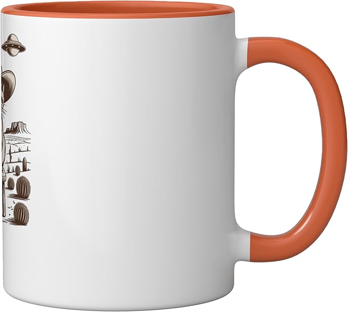 Retro Cowboy Cat UFO Desert Western Feline Art Ceramic Mug, Orange/White