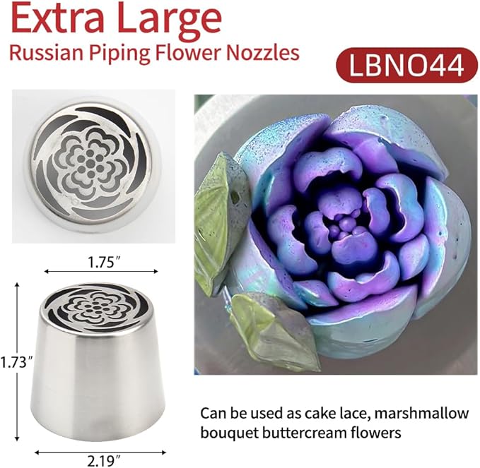 Extra Large Russian Piping Tip Set - 6 Stainless Steel Marshmallow Buttercream Framing Nozzles for 3D Roses Tulip Cake Decorations and Marshmallow Bouquets, Includes 1 Cleaning Brush(6J)