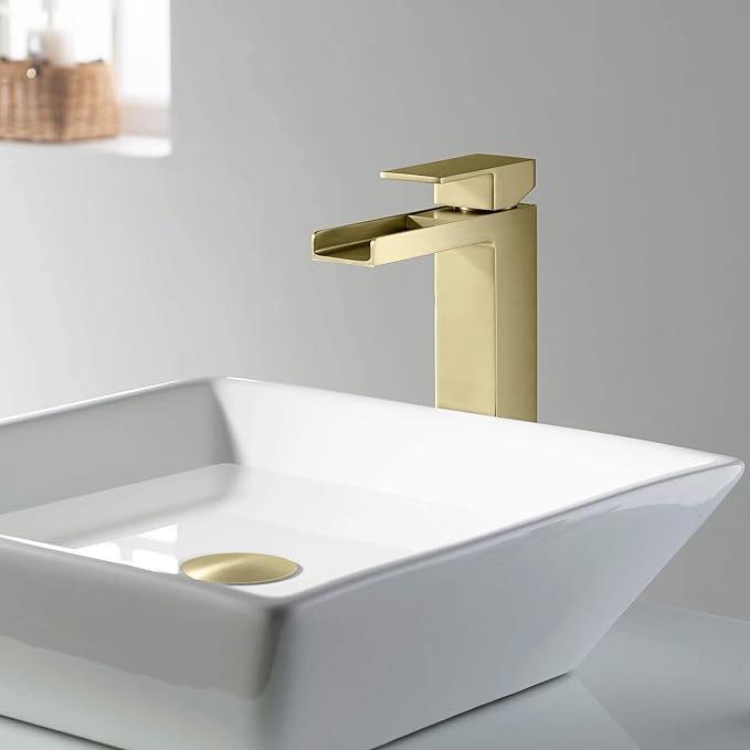 KIBI Waterfall Bathroom Sink Faucet | Single Handle Brass Vanity Faucet with Water Supply Hose | Durable Brass Construction and Smooth Water Flow | Brushed Gold, KBF1005