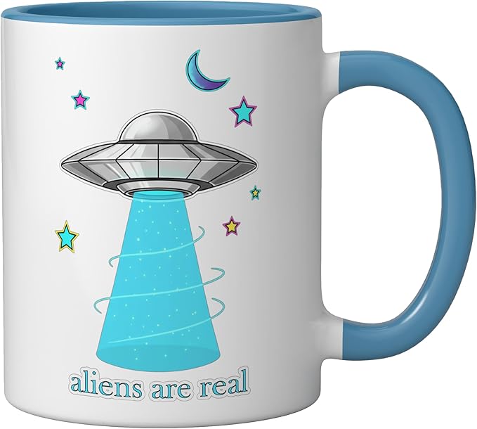 Aliens Are Real Retro UFO Flying Saucer Beam Space Ceramic Mug, Blue/White
