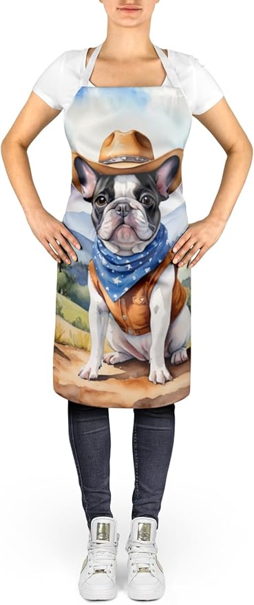 Caroline's Treasures French Bulldog Cowboy Welcome Apron Cooking Kitchen Server Baking Crafts Gardening for Adult Women Men, Unisex, Large, Multicolor