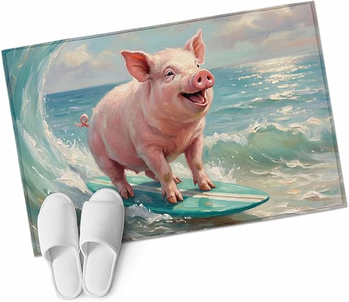 Area Rug 2x3ft, Surfing Farm Pink Pig Washable Rugs for Living Room Bedroom, Summer Blue Sea Wave Beach Soft Non-Slip Area Rugs Rectangle Floor Carpet for Dining Room