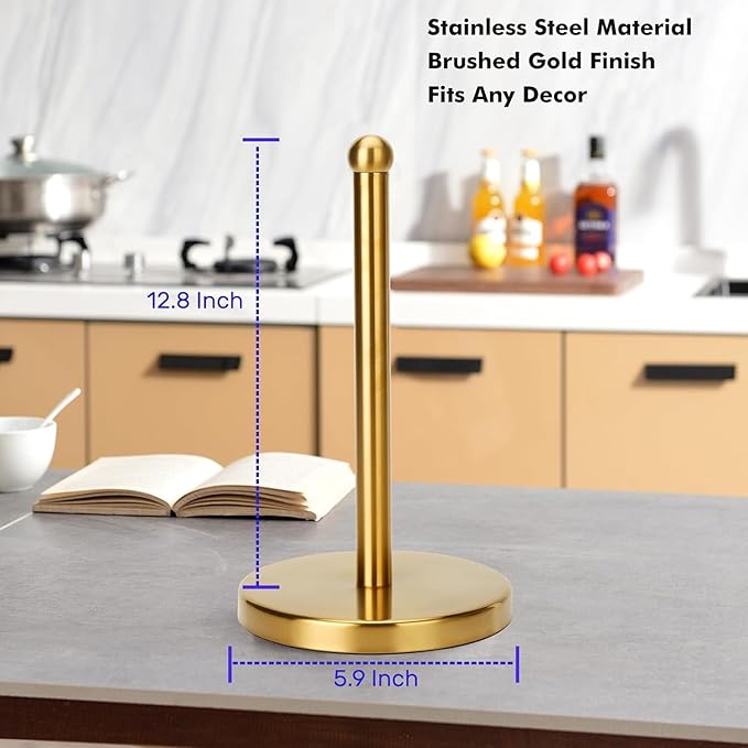 Paper Towel Holder Countertop, Brushed Gold Paper Towel Holder Stand Papertowel Holder with Stable Weighted Base, Free Standing Paper Towel Roll Holder for Kitchen Bathroom