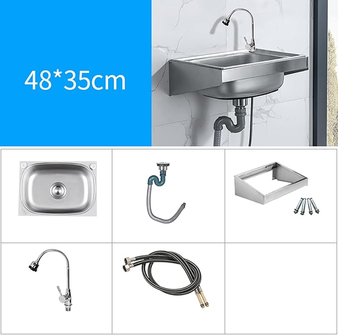 Wall Mounted Commercial Restaurant Sink, Utility Laundry Portable Handwashing Station, Stainless Steel Space Saver Hand Wash Sink with Faucet and Drain, Suitable for,48x35cm-Hot and cold water