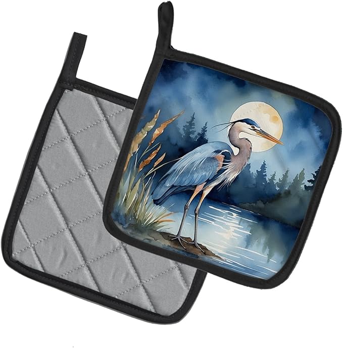 Caroline's Treasures Blue Heron Under The Moonlight Pair of Pot Holders Kitchen Heat Resistant Pot Holders Sets Oven Hot Pads for Cooking Baking BBQ, 7 1/2 x 7 1/2