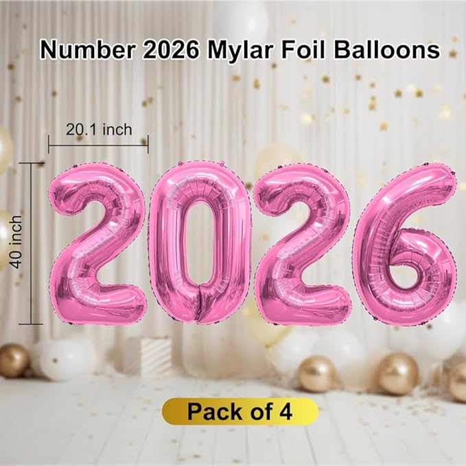 2026 Balloons 40 Inch 2026 Balloon Numbers Pink New Years Balloons for New Years Nye Decorations Mylar Foil 20 26 Happy New Year Balloon for 20 26 Graduation Decor Globos De Año Nuevo Party Supplies