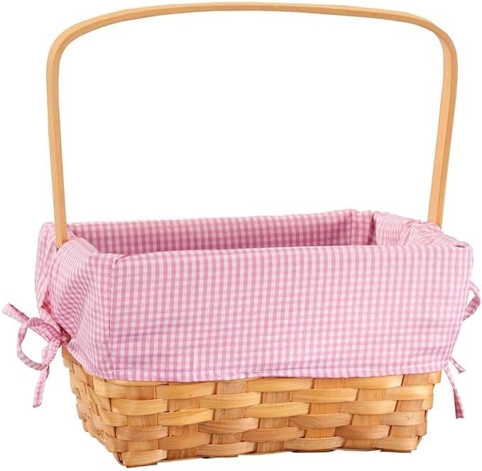 Pink Gingham Wicker Easter Basket, Removable Liner, Made of 100% Durable Chip Wood - Measures 10" Long x 8" High