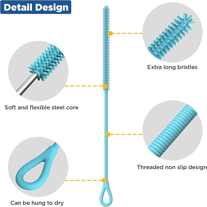 YOTIME Silicone Straw Cleaner Brush, 2Pcs Reusable Straw Brush Extra Long for Cleaning Tumbler with Handle and Glass Metal Smoothie Straws, Non-slip Handle Soft and Bendable, 6mm+9mm, Blue