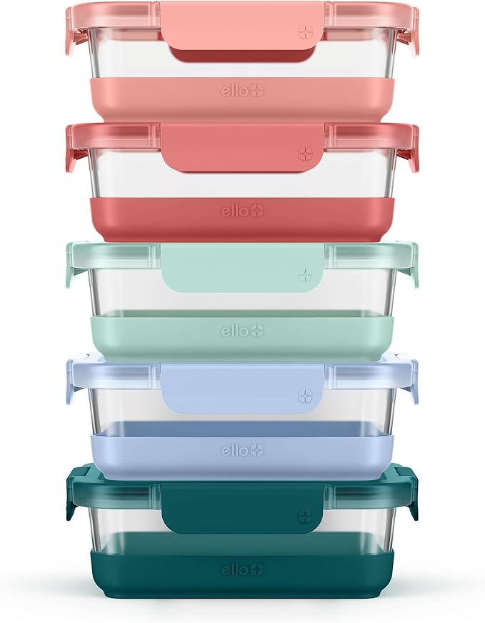 Ello Duraglass Refresh 3.4 Cup Meal Prep Sets 10Pc, 5 Pack Set- Glass Food Storage Container with Silicone Boot and Airtight BPA-Free Plastic Lids, Dishwasher, Microwave and Freezer Safe, Melon