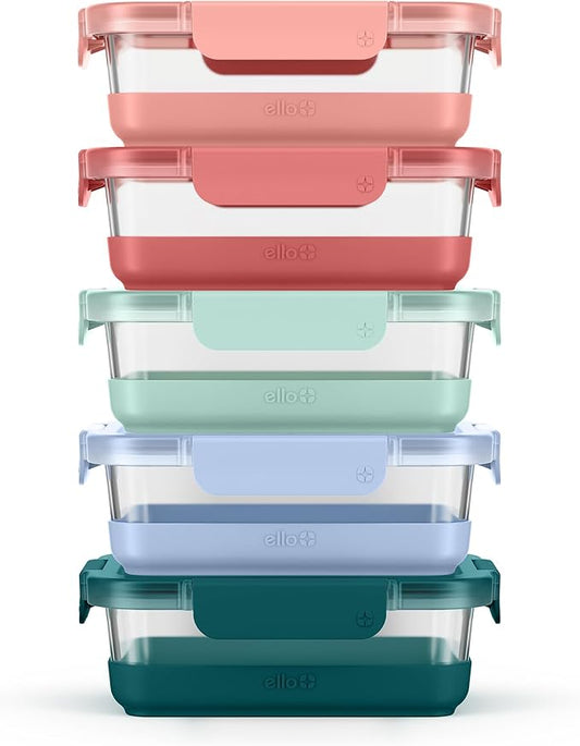 Ello Duraglass Refresh 3.4 Cup Meal Prep Sets 10Pc, 5 Pack Set- Glass Food Storage Container with Silicone Boot and Airtight BPA-Free Plastic Lids, Dishwasher, Microwave and Freezer Safe, Melon