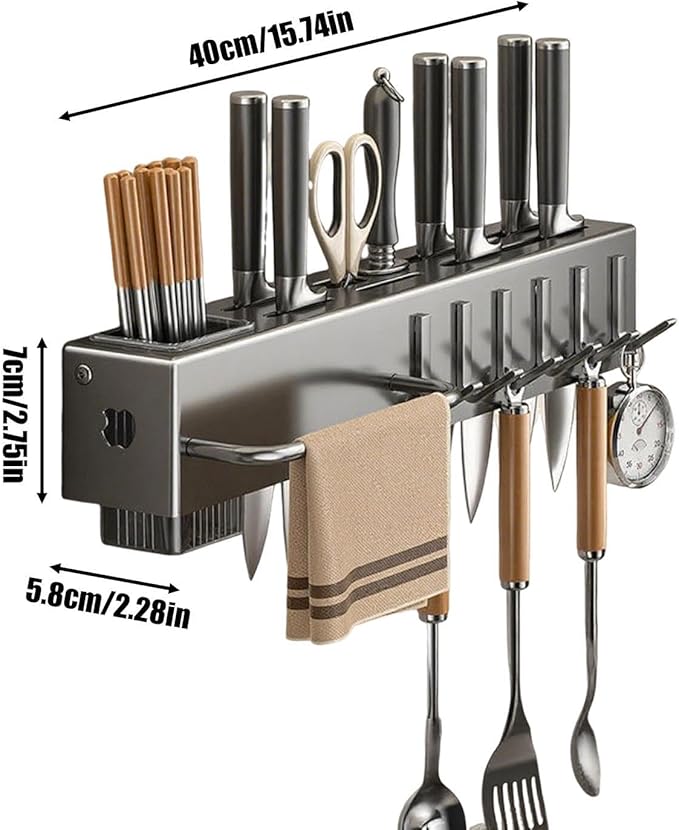 Wall Utensil Rack, Hanging Cutlery Organizer, Storage Kitchen Fixture, No-Borer Hook Hanger, Cooking Tool Spatula Spoon Holder, Home Accessory for Towel, Pan, Pot