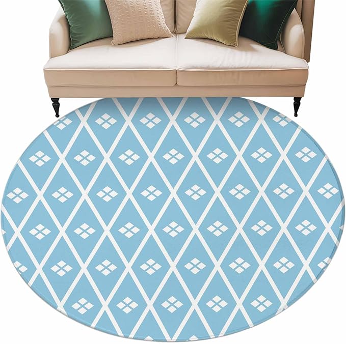 Washable Round Area Rug Boho Blue White Plaid Line Circle Rugs Floor Carpet for Living Room Bedroom, Abstract Geometric Diamond Soft Non Slip Round Rug 5ft