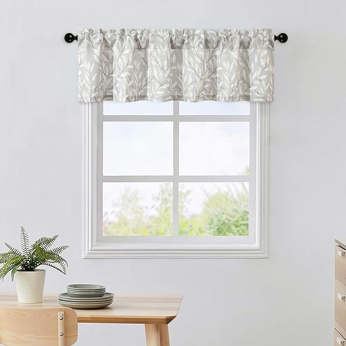 Leeva Short Curtains for Windows - Rod Pocket Farmhouse Leaves Short Window Curtains & Drapes for Living Room Kitchen, 52 x 12, Grey, One Panel