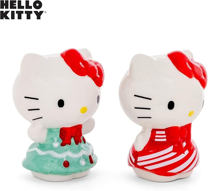 Silver Buffalo Sanrio Hello Kitty 3D Sculpted Festive Christmas Tree and Candy Cane Holiday Salt and Pepper Shaker Set