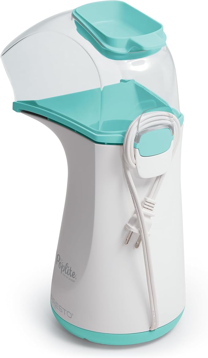 Presto 04869 Poplite Hot Air Popcorn Popper - Built-In Measuring Cup + Melts Butter, Easy to Clean, Built-In Cord Wrap, 18 Cups, Aqua/White
