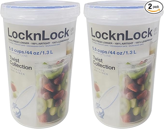 LocknLock Easy Essentials Twist Food Storage lids/Airtight containers, BPA Free, Tall-44 oz-for Pasta, Clear (Pack of 2)
