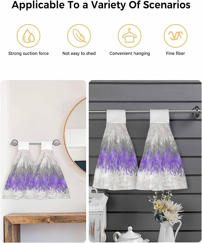 Alandar Home Kitchen Tie Towel Set of 2, Abstract Purple Grey Graffiti Absorbent Soft Hand Towels for Bathroom Hanging Towels, Modern Minimalist Art Fast Drying Cleaning Cloth with Loop