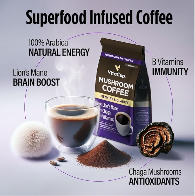 VitaCup Mushroom Coffee Grounds, with Lions Mane, Chaga, B Vitamins, D3, Boost Focus, Immunity, Memory & Clarity, Medium Dark Roast, 100% Arabica Specialty, 20oz, 52 Servings